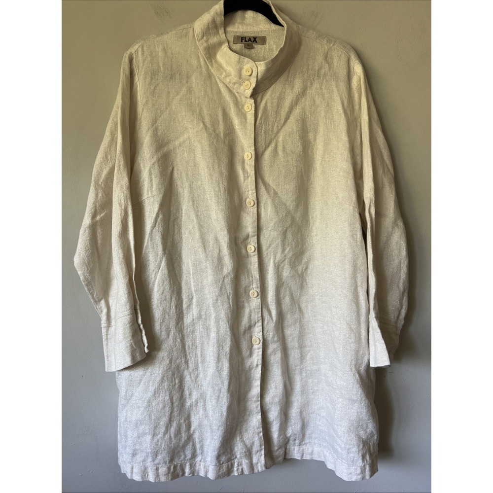 FLAX Designs Metallic Linen Blouse Tunic Button Shirt Size L Pearl